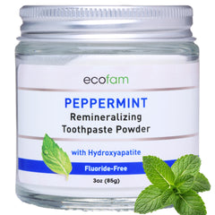 Ecofam toothpaste powder in a reusable glass jar packaging
