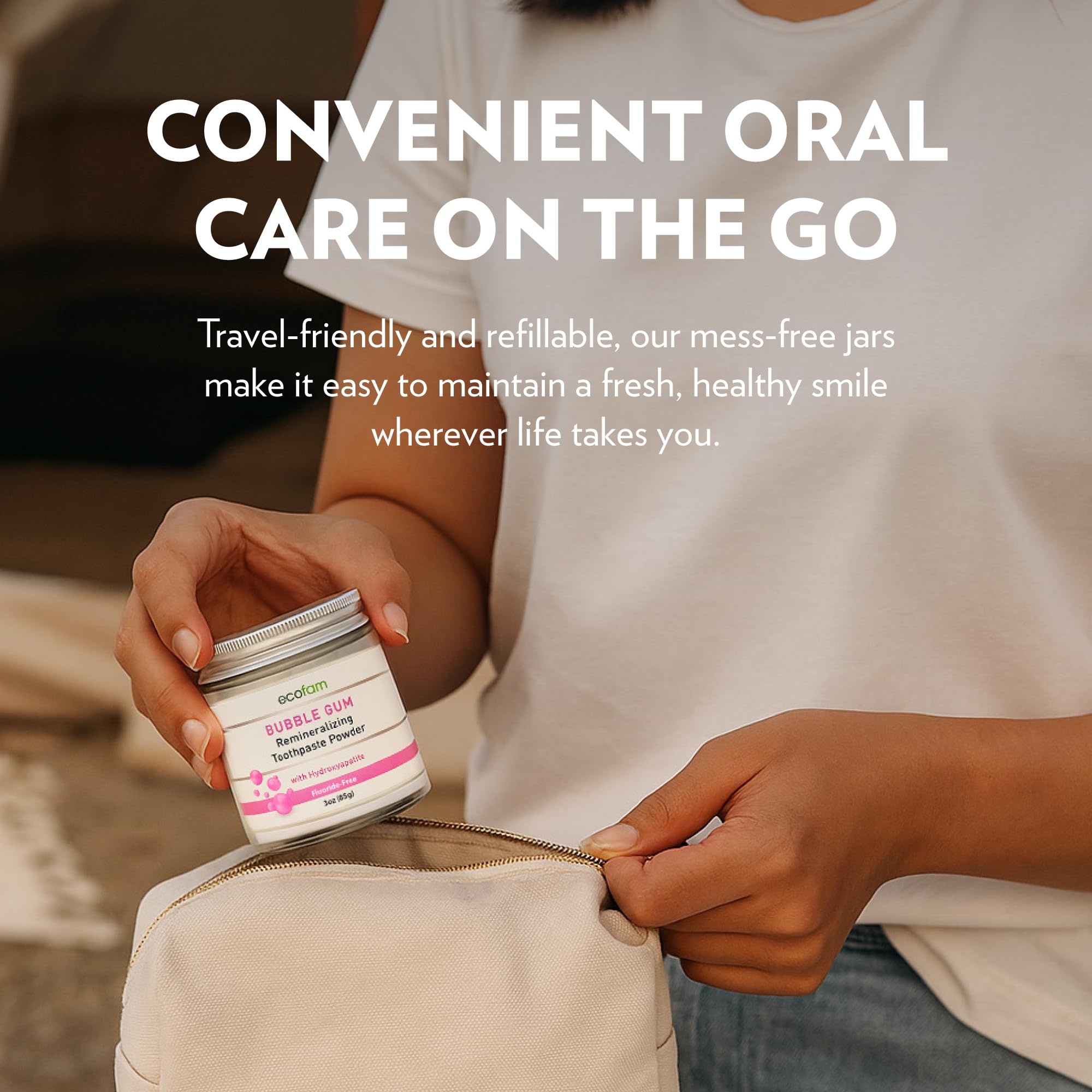 Travel-friendly Ecofam toothpaste powder jar for on-the-go