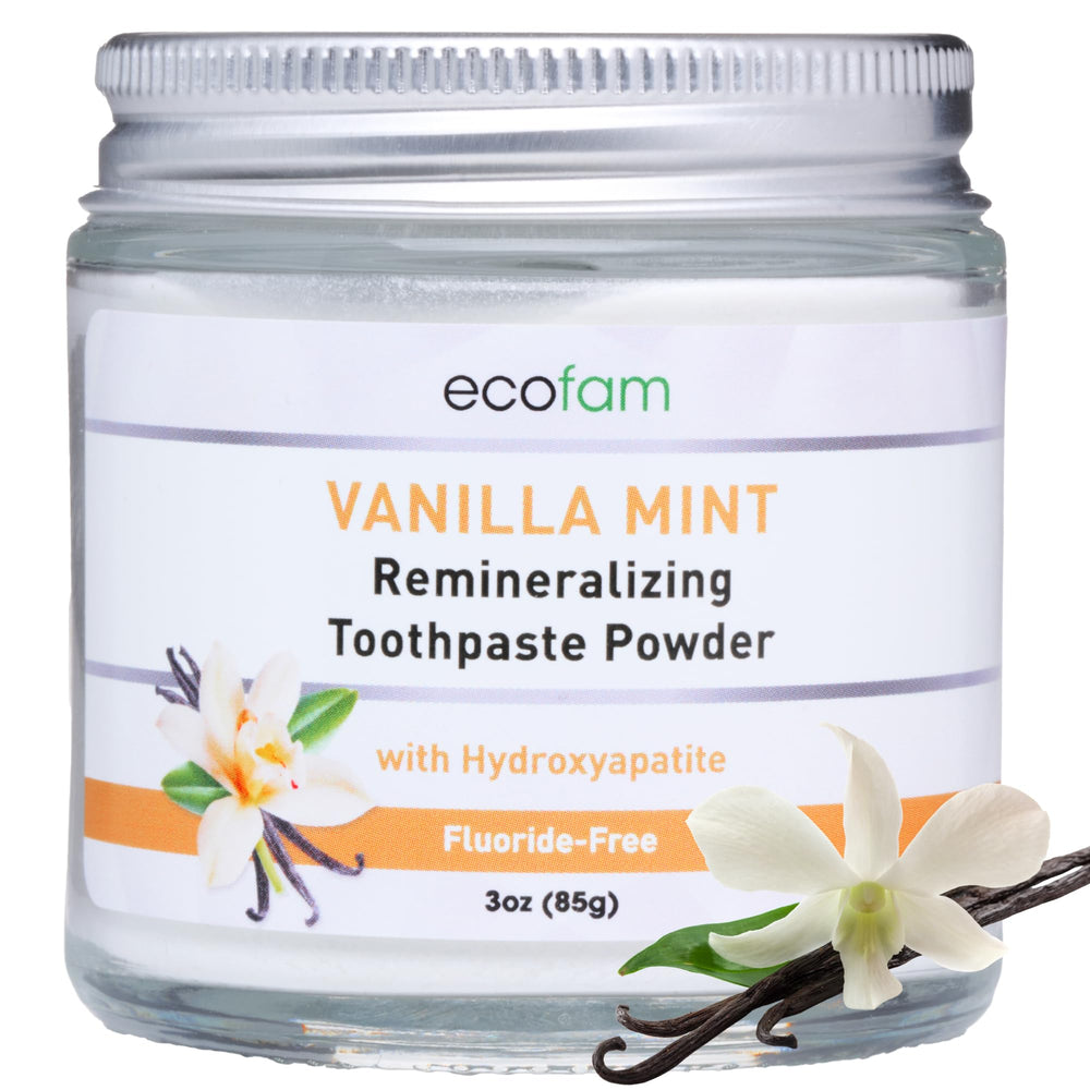 Ecofam toothpaste powder in a reusable glass jar