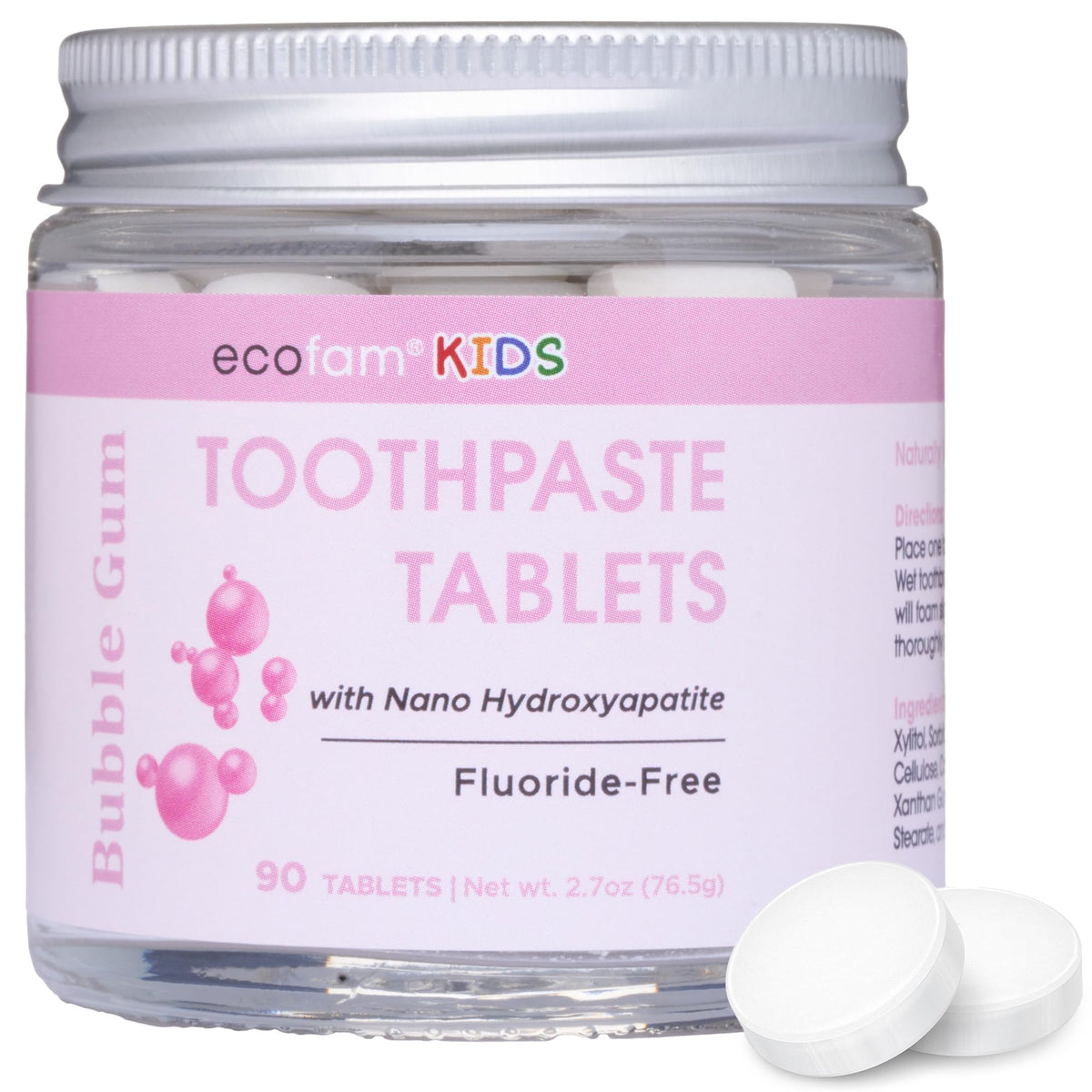 EcoFam Bubblegum toothpaste tablets packaging front with glass jar