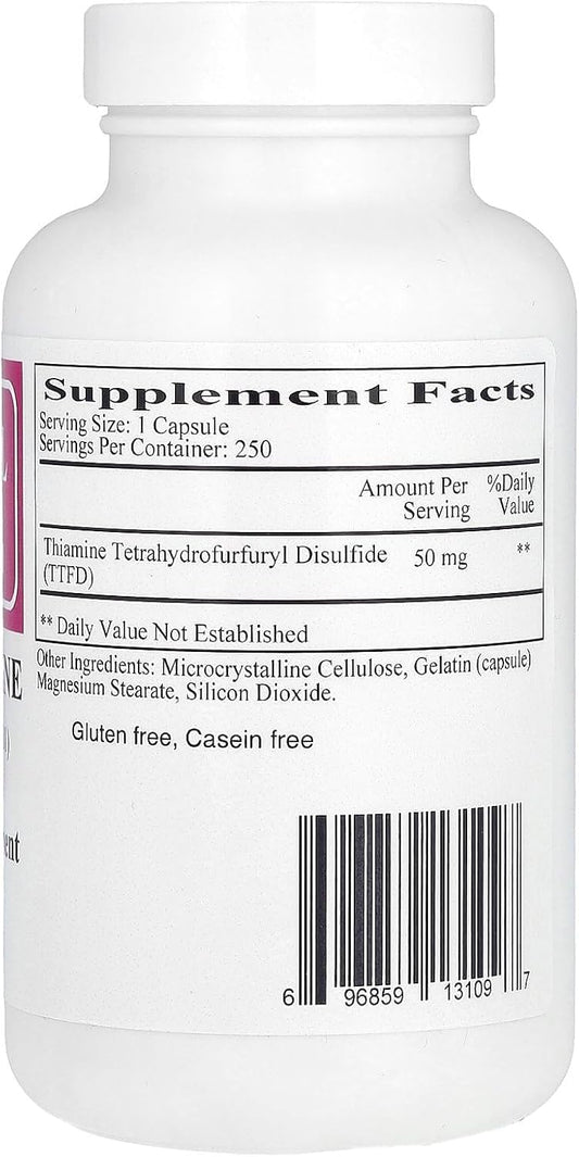 Nutrition facts panel for Ecological Formulations Allithiamine B1 50 mg 250 capsules