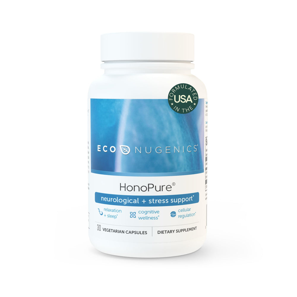 EcoNugenics HonoPure bottle front shows high-purity honokiol for brain health support.