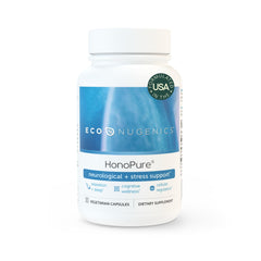 EcoNugenics HonoPure bottle front shows high-purity honokiol for brain health support.