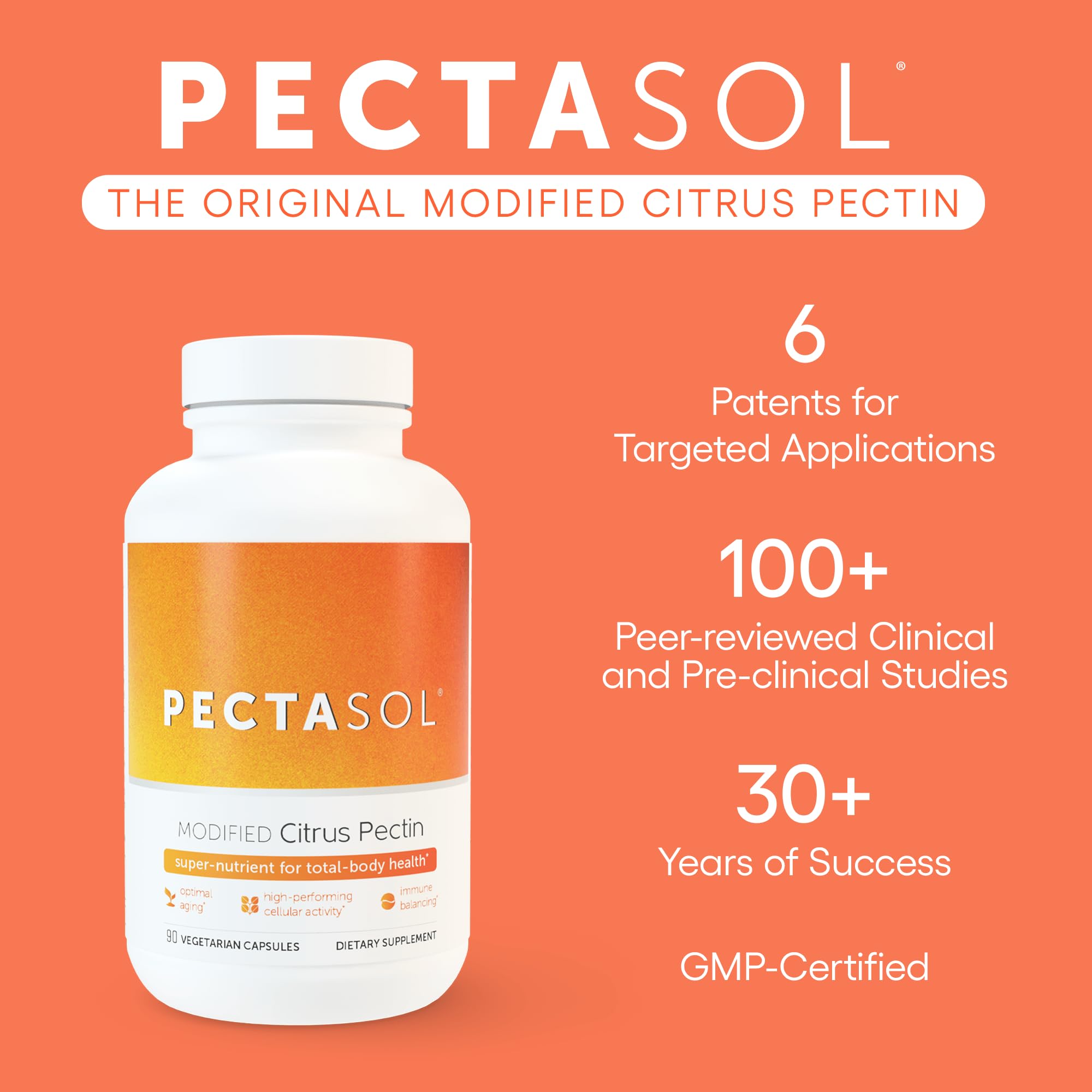 EcoNugenics PectaSol powder jar highlighting longevity and healthy aging benefits.