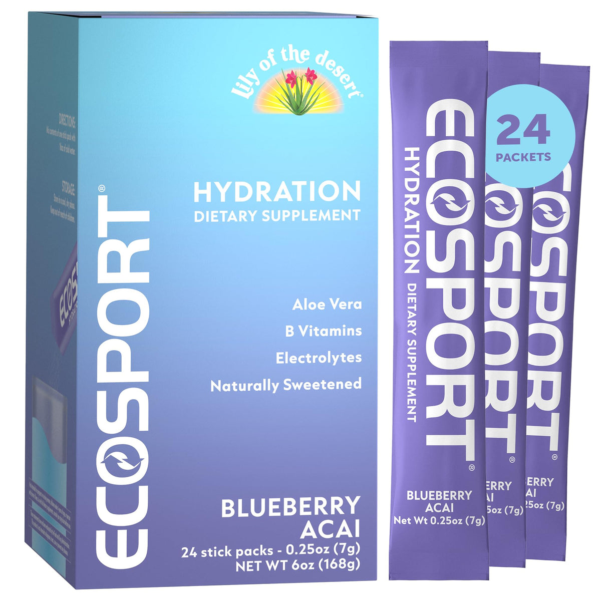 Front packaging of Lily of the Desert EcoSport Blueberry Acai Hydration Packets, 24 count, 0.25 oz each.