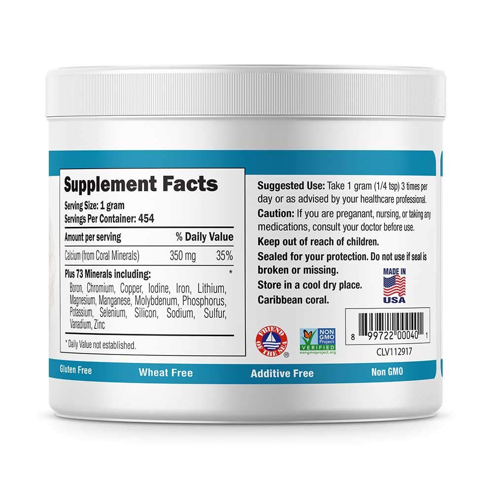 EcoPure Coral Calcium Powder label with ingredients and certification