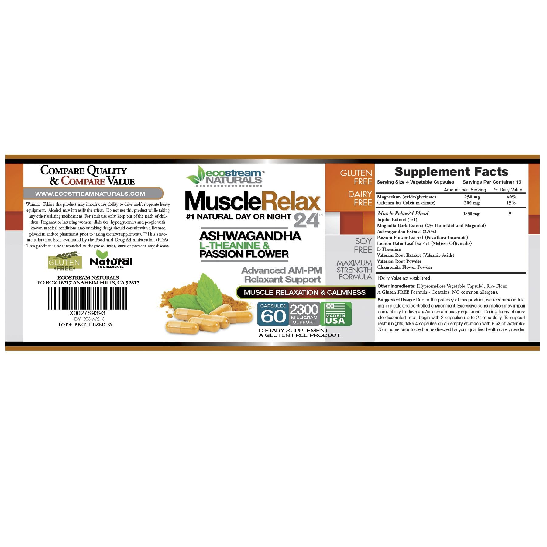 ecostream Naturals Relaxant capsules close-up highlight valerian and magnesium ingredients for calm support.