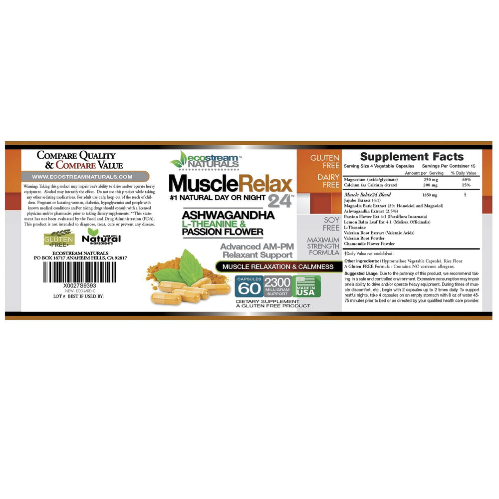 ecostream Naturals Relaxant capsules close-up highlight valerian and magnesium ingredients for calm support.