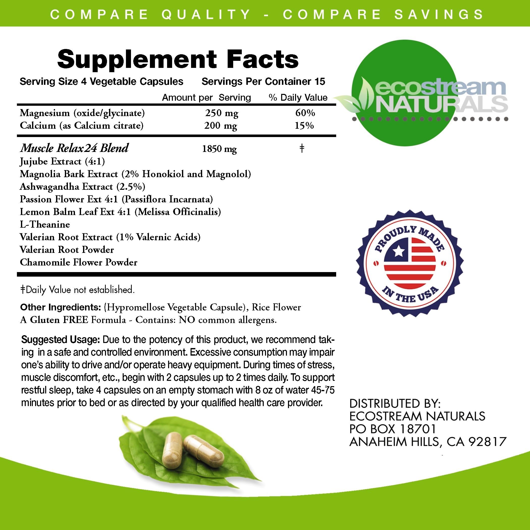ecostream Naturals Relaxant label details with active ingredients and dosage information.