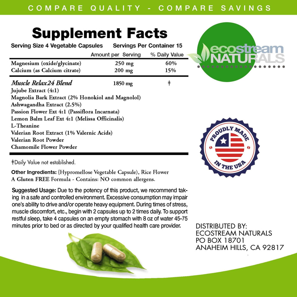 ecostream Naturals Relaxant label details with active ingredients and dosage information.