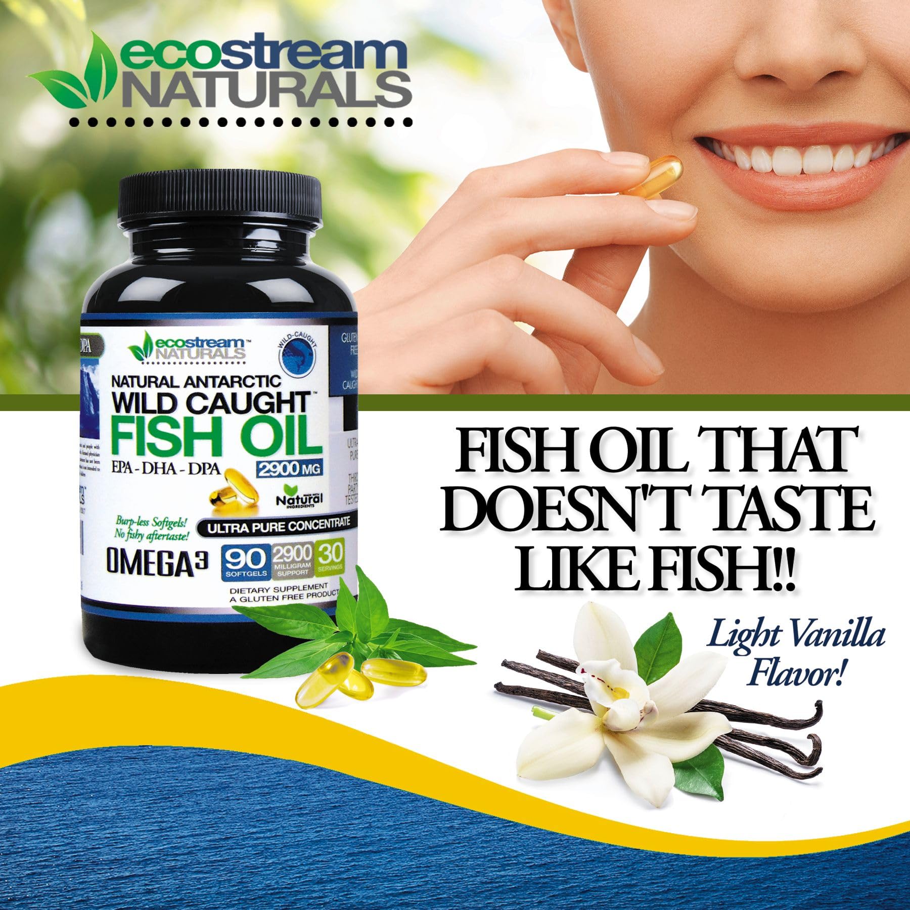 Ecostream Naturals Omega-3 bottle back label with ingredients and GMP