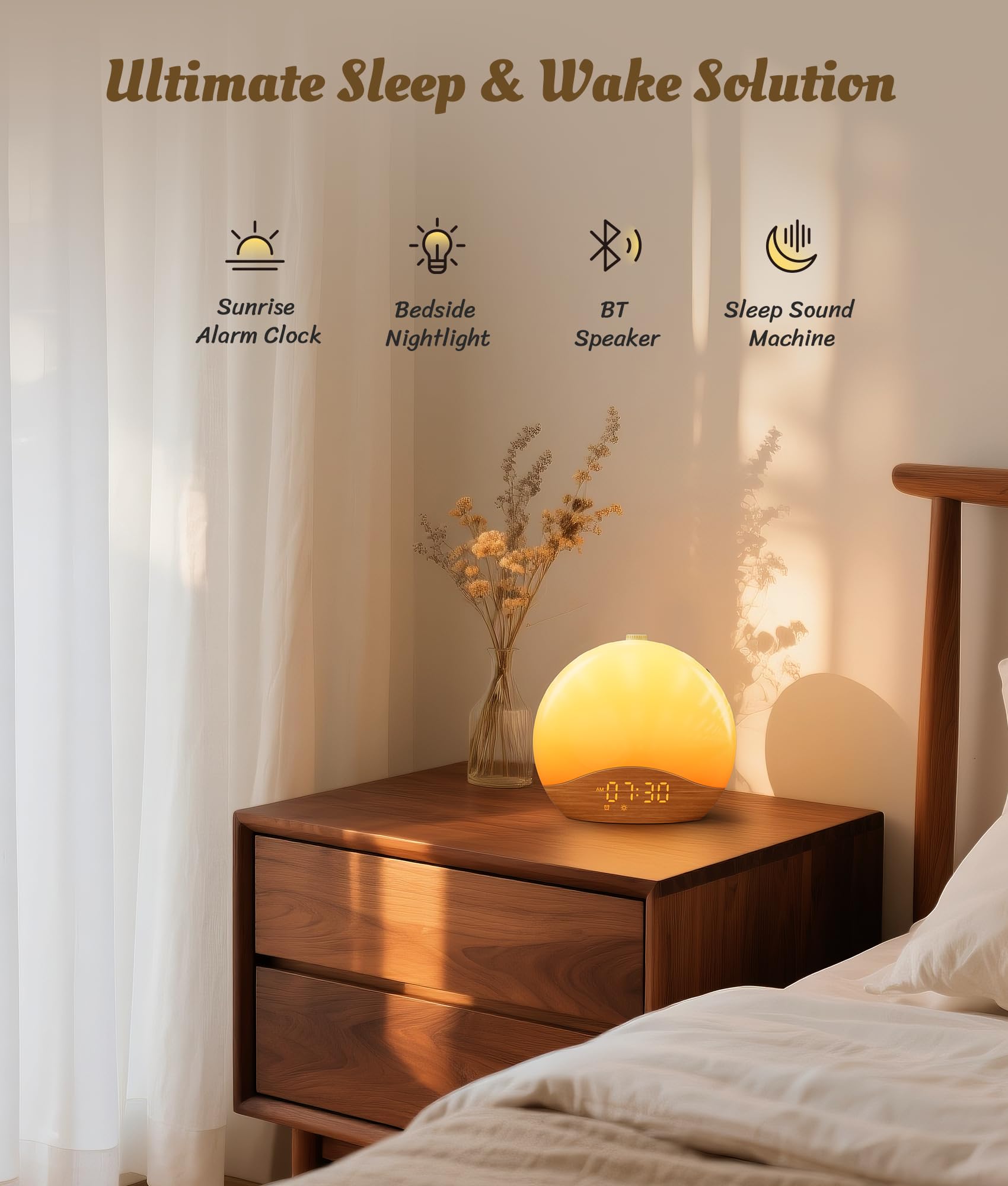 ecozy Wood Grain Sunrise Alarm Clock backlit buttons for easy night-time adjustments.