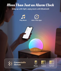 ecozy Wood Grain Sunrise Alarm Clock memory backup keeps settings during outages.