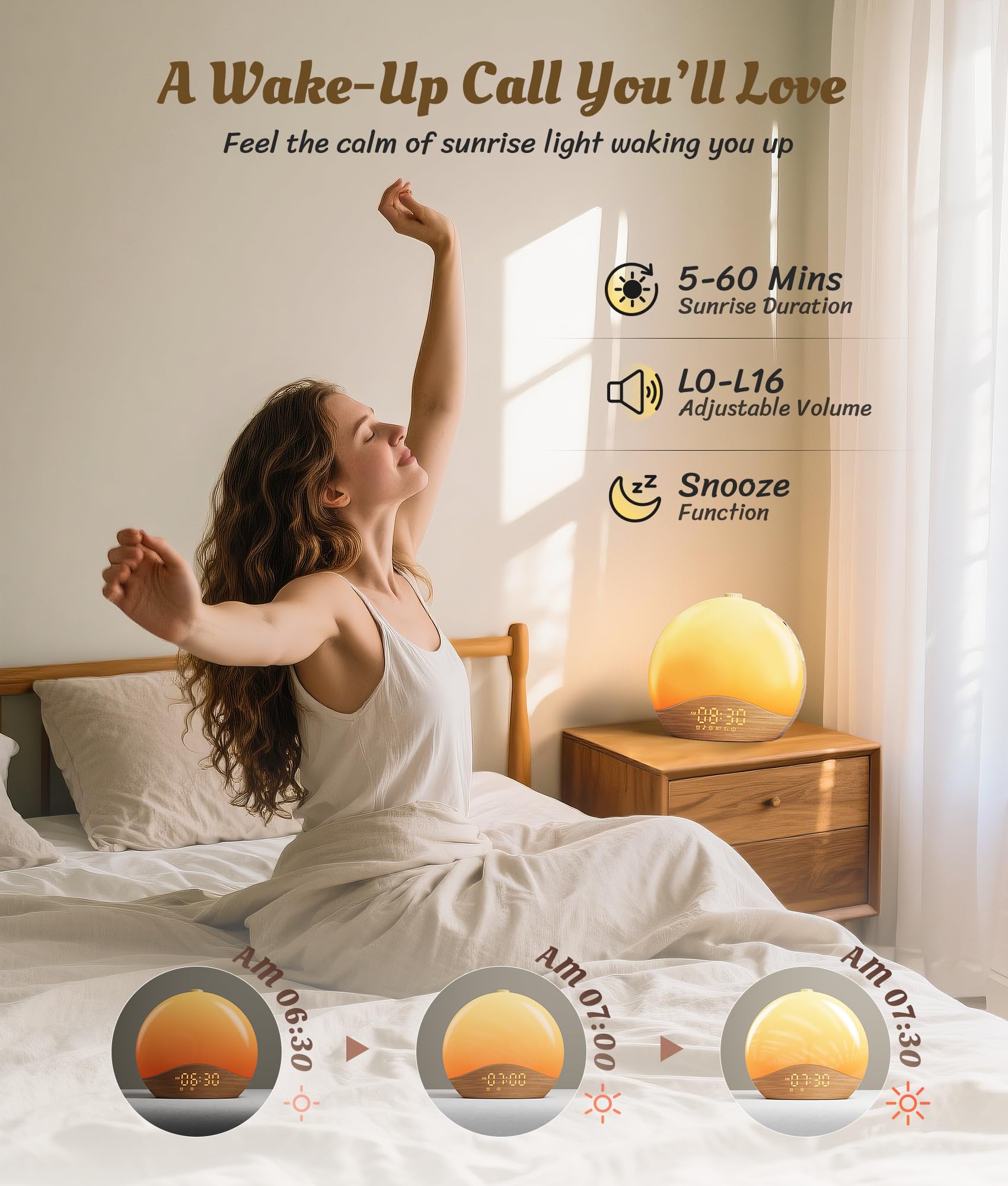 ecozy Wood Grain Sunrise Alarm Clock blends with modern bedroom decor.