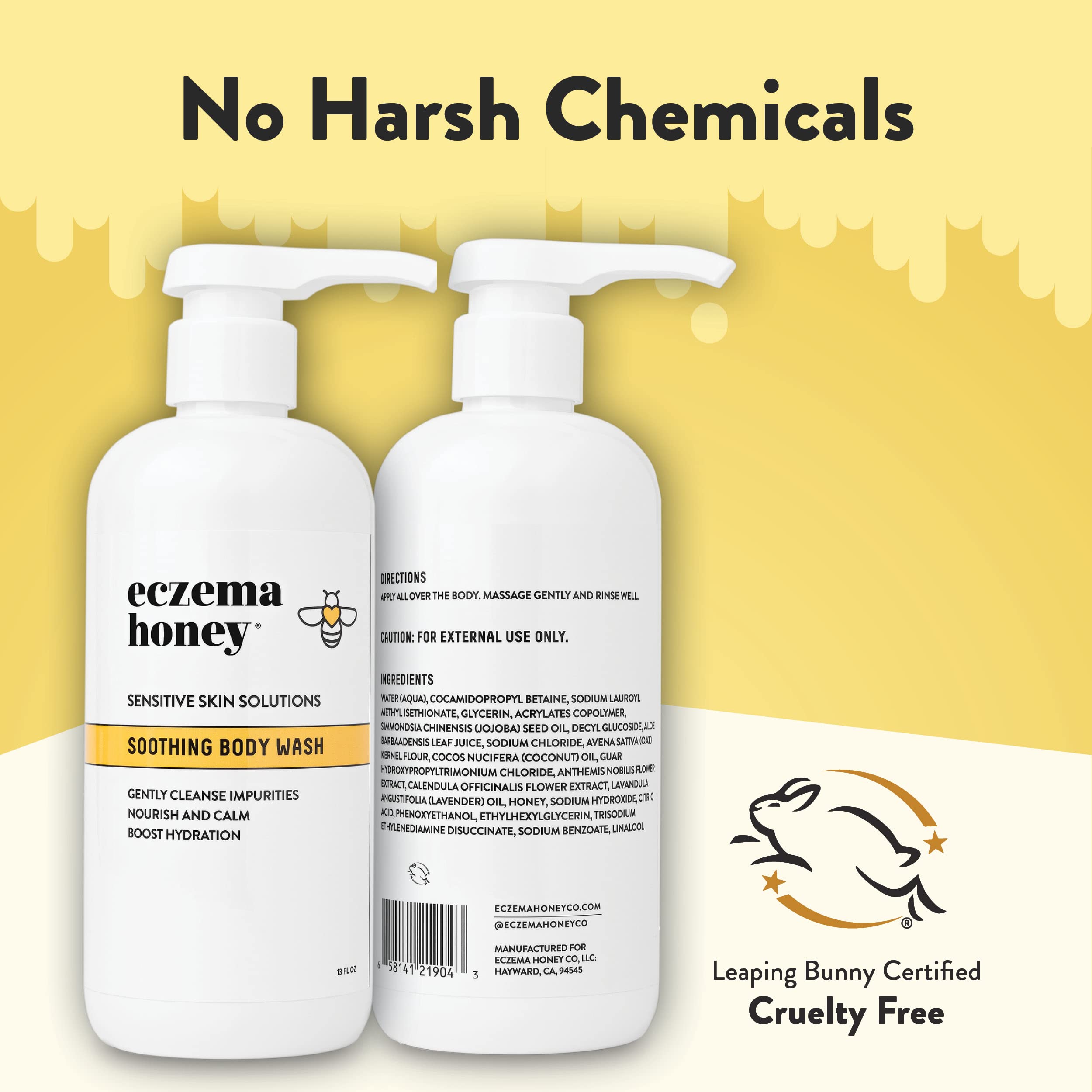 Eczema Honey on shelf, Leaping Bunny certified cruelty-free product.