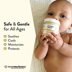 Hands applying ECZEMA HONEY cream on forearm for daily eczema relief.