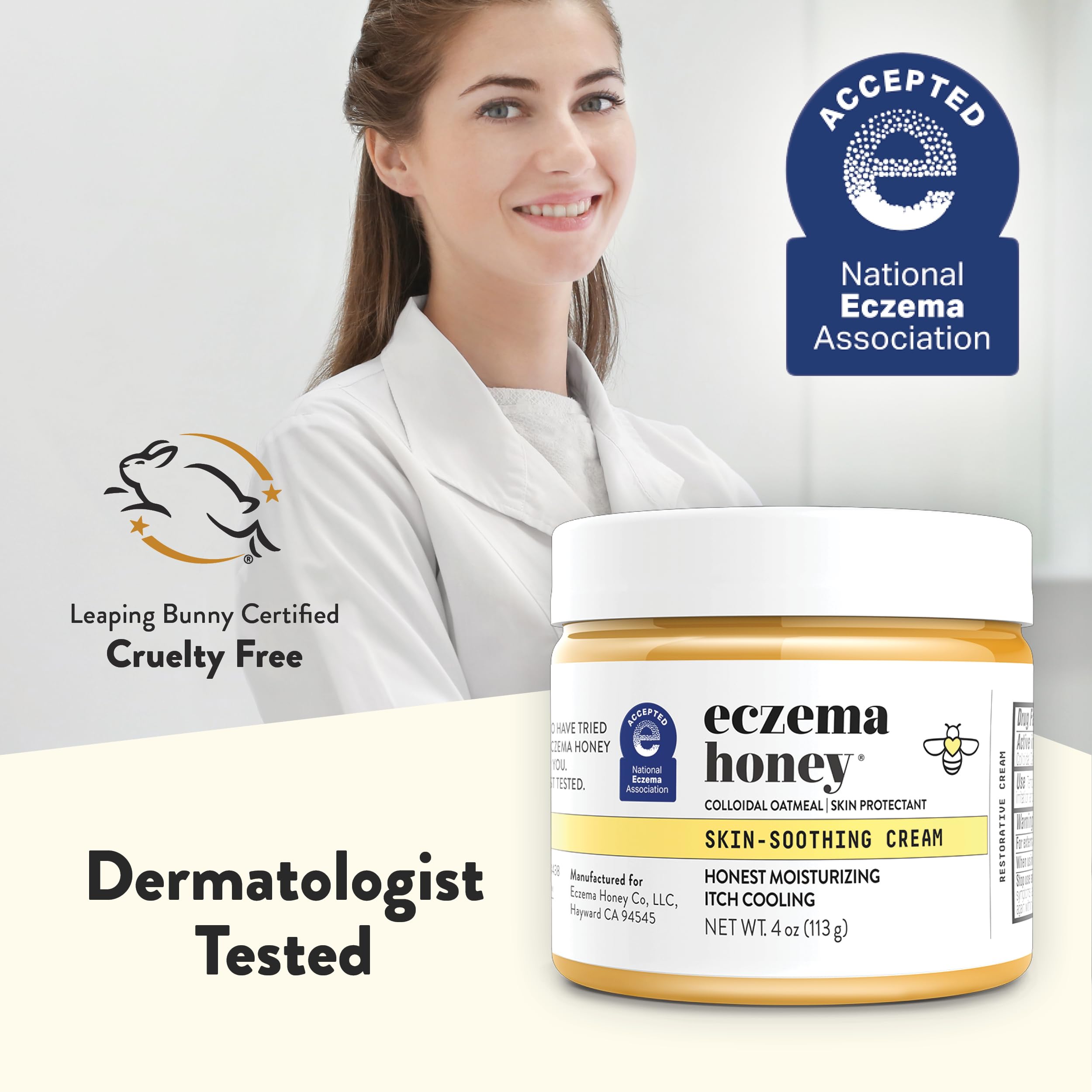ECZEMA HONEY packaging box on display highlights organic honey and moisturizing oils.