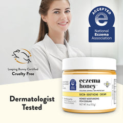 ECZEMA HONEY packaging box on display highlights organic honey and moisturizing oils.