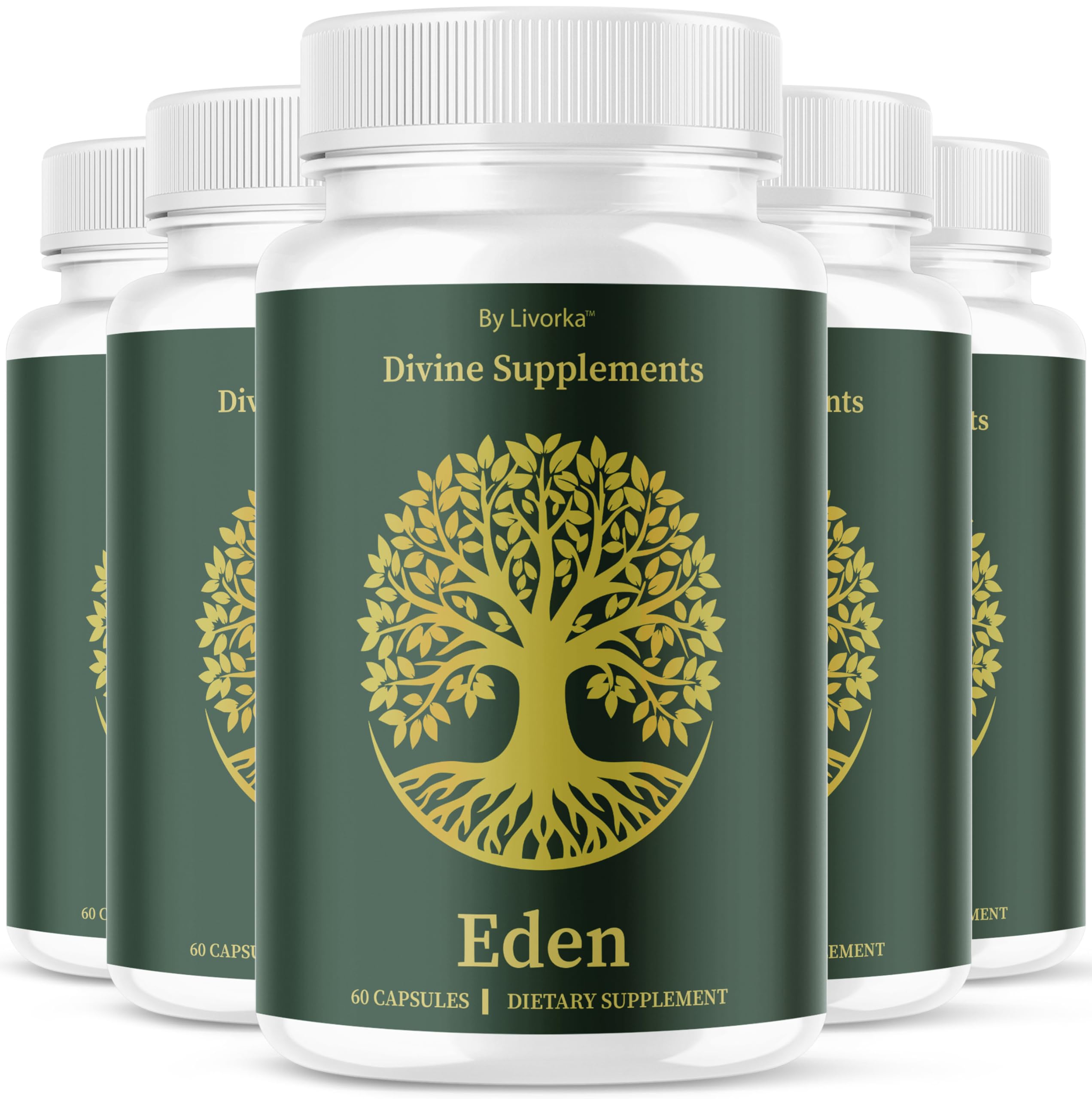 Five-pack Eden Capsules bottles on white background