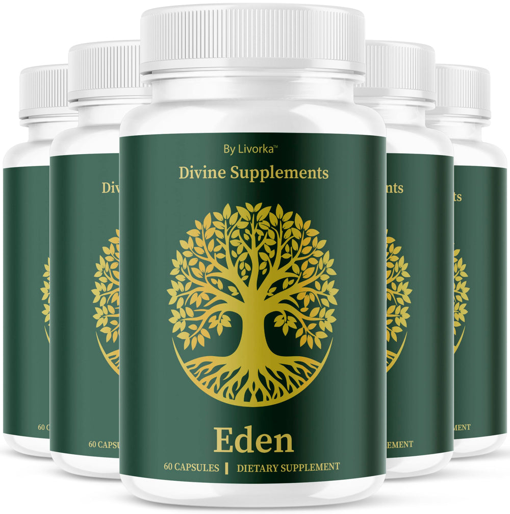 Five-pack Eden Capsules bottles on white background