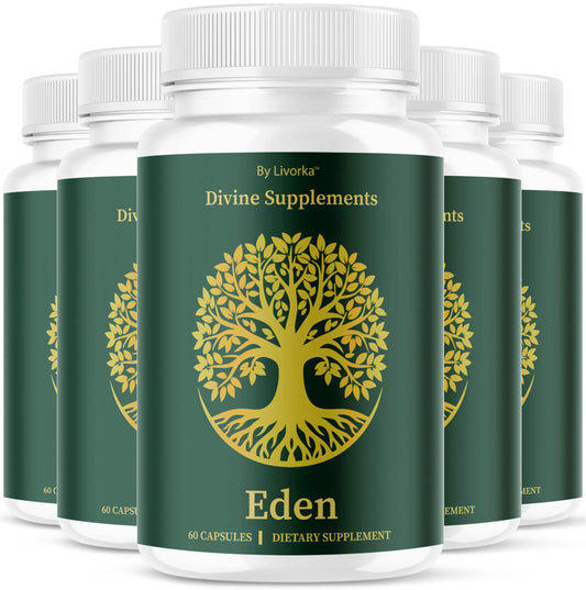 Five-pack Eden Capsules bottles on white background