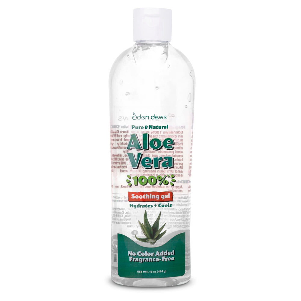 USA-made Eden Dews Aloe Vera Gel bottle highlighting trusted quality.