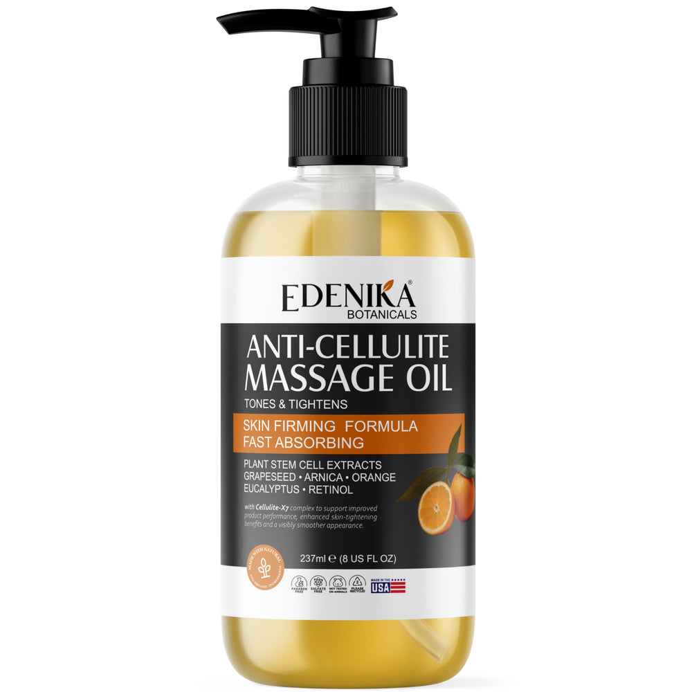 Bottle of Edenika Botanicals Anti-Cellulite Massage Oil on white background