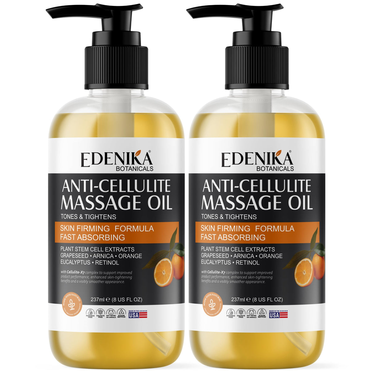 Two Edenika Botanicals Anti-Cellulite Massage Oil 2-pack bottles.