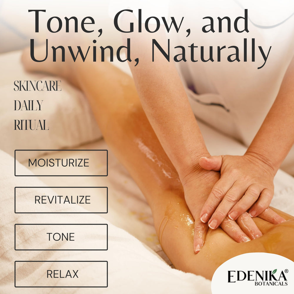 Made in USA Edenika Botanicals label on massage oil bottle