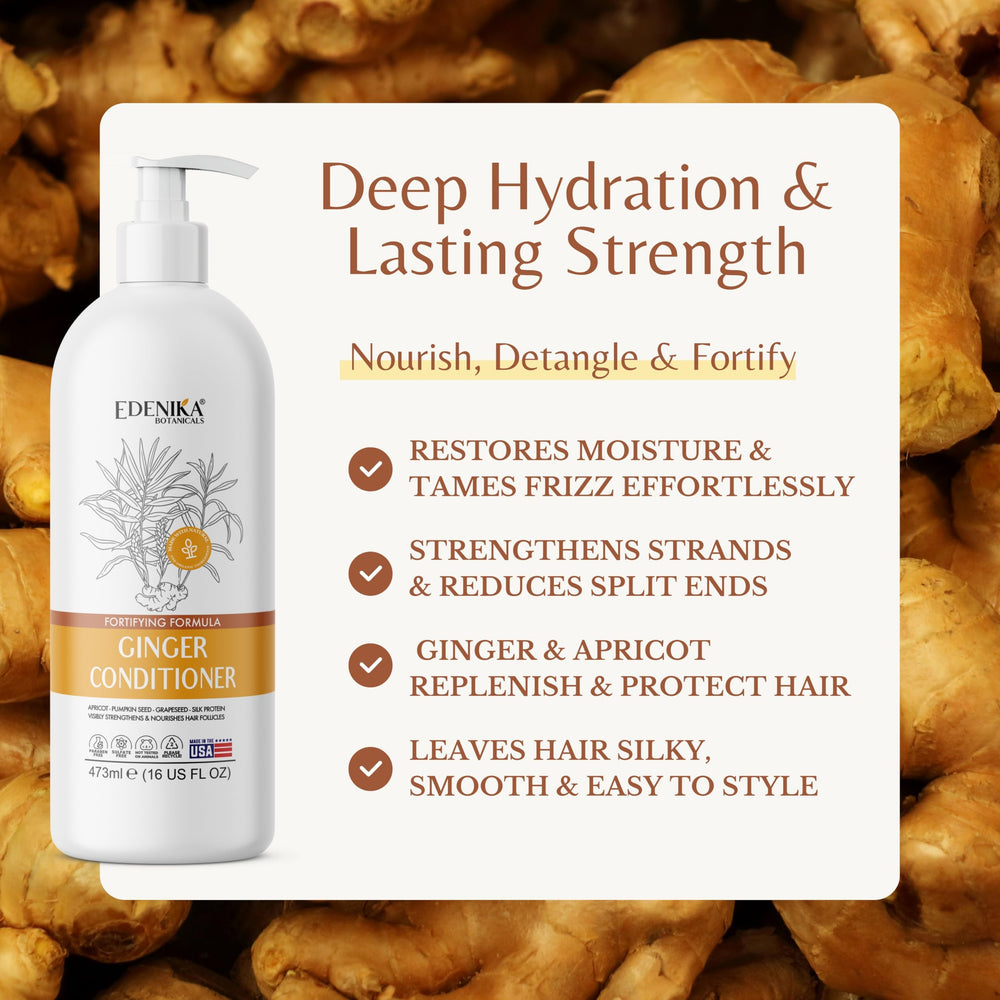 EDENIKA BOTANICALS conditioner dispensing pump showing easy, mess-free use for all hair types.