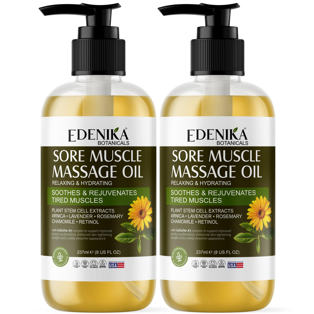 Edenika Botanicals Intense Sore Muscle Massage Oil 2-Pack bottle and packaging
