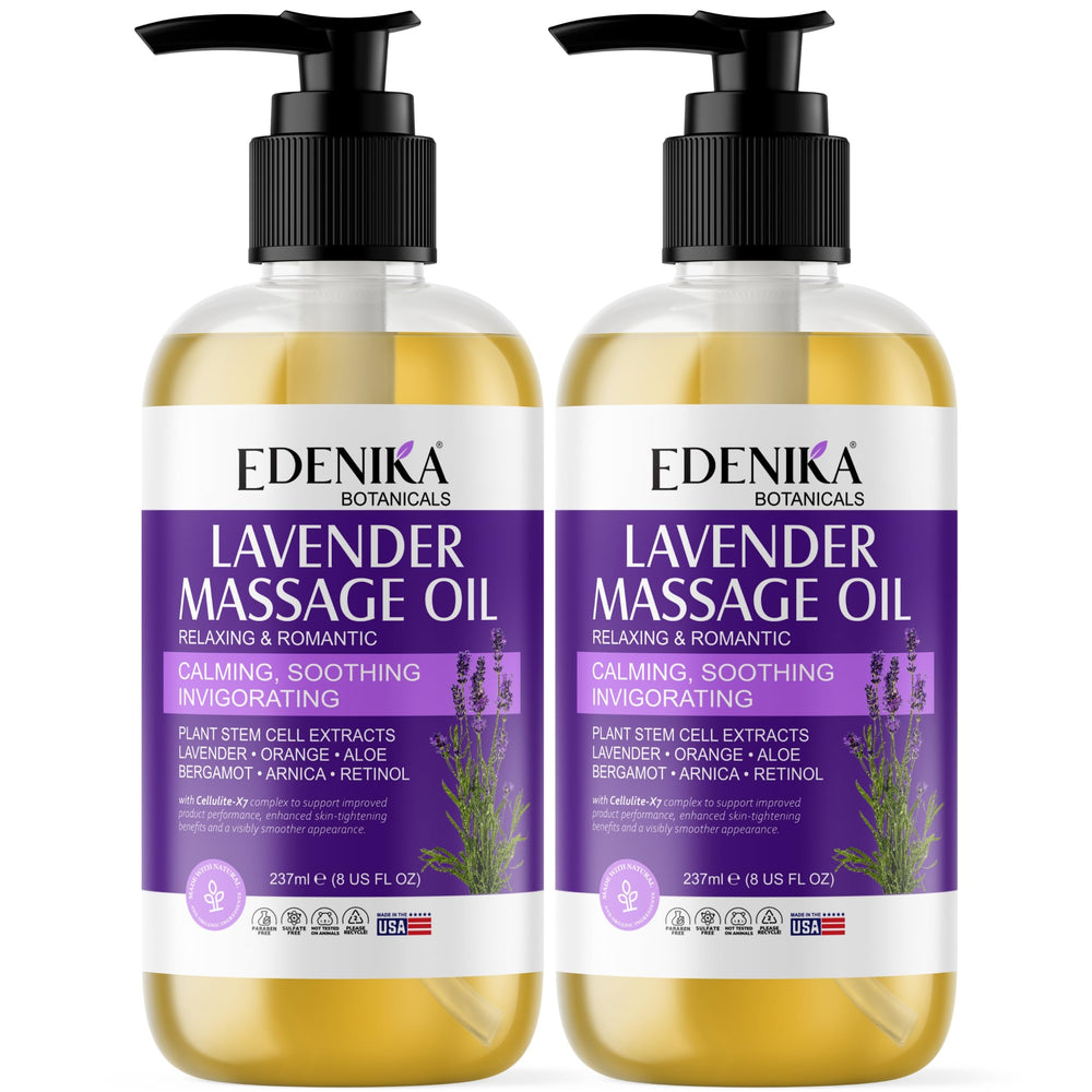 Bottle of Edenika Botanicals Lavender Massage Oil with lavender sprigs