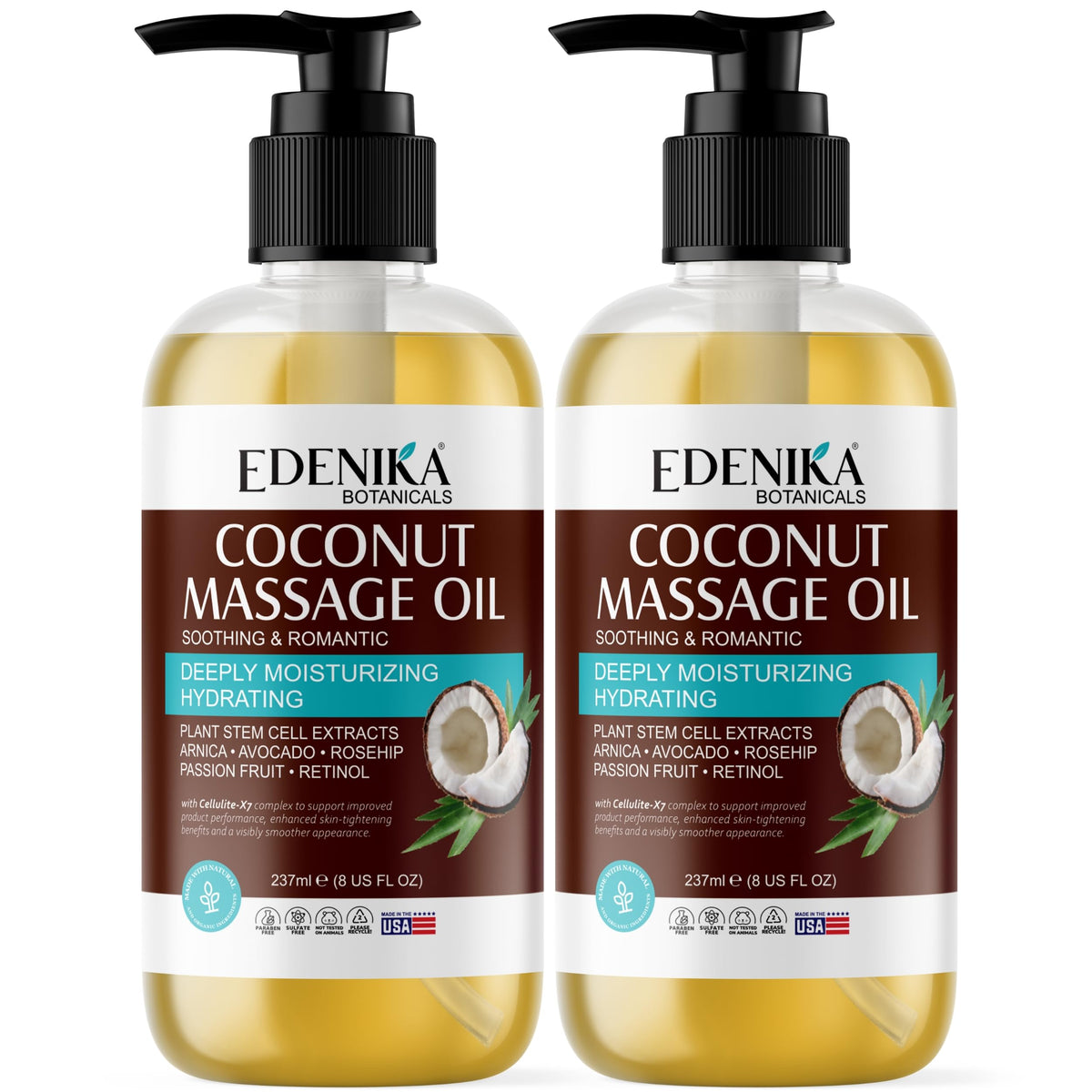 Bottle of Edenika Botanicals Tropical Coconut Massage Oil for massage therapy