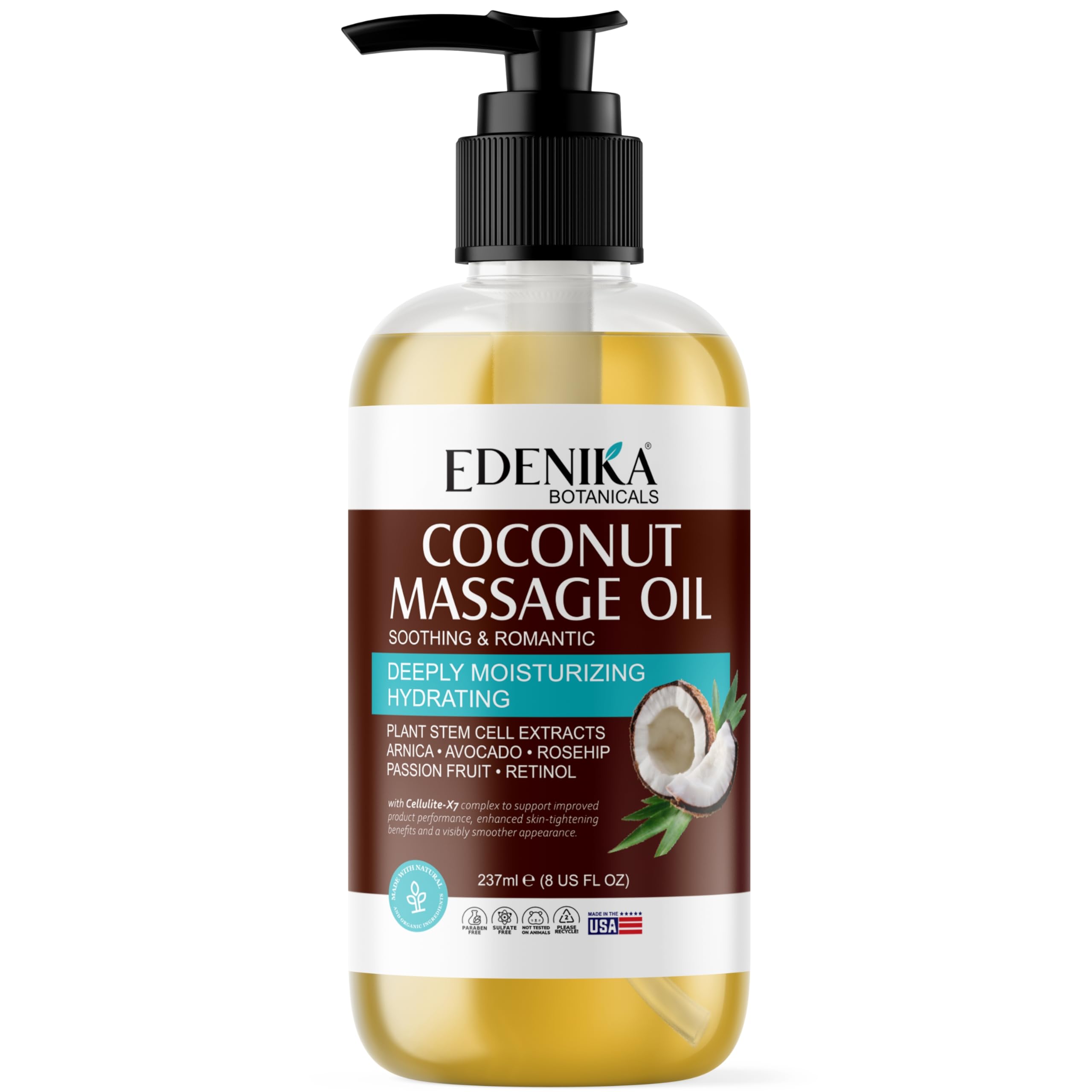 Edenika Botanicals Tropical Coconut Massage Oil 8 oz bottle on white background