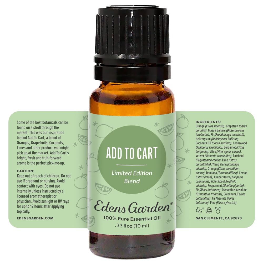 Packaging and box of Edens Garden Add to Cart essential oil blend 10 ml