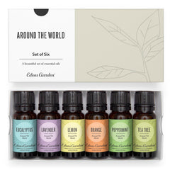 Front view of Edens Garden Around The World 6 Set bottles in dark glass