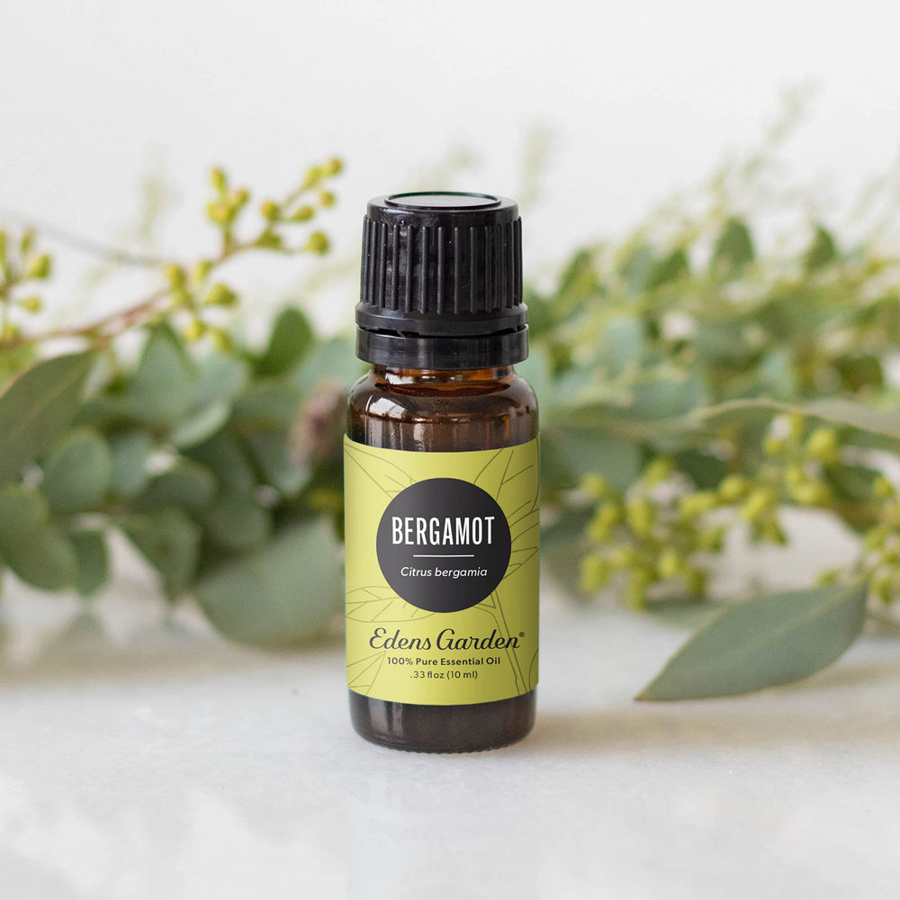 Close-up of Bergamot essential oil bottle label