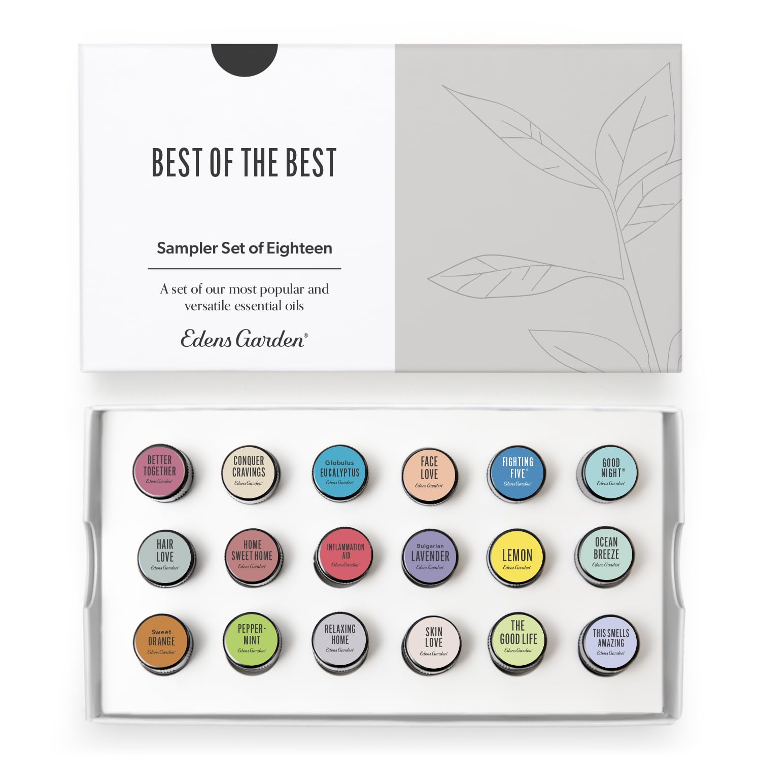 Edens Garden Best of the Best 18-Oil Sampler bottles lineup