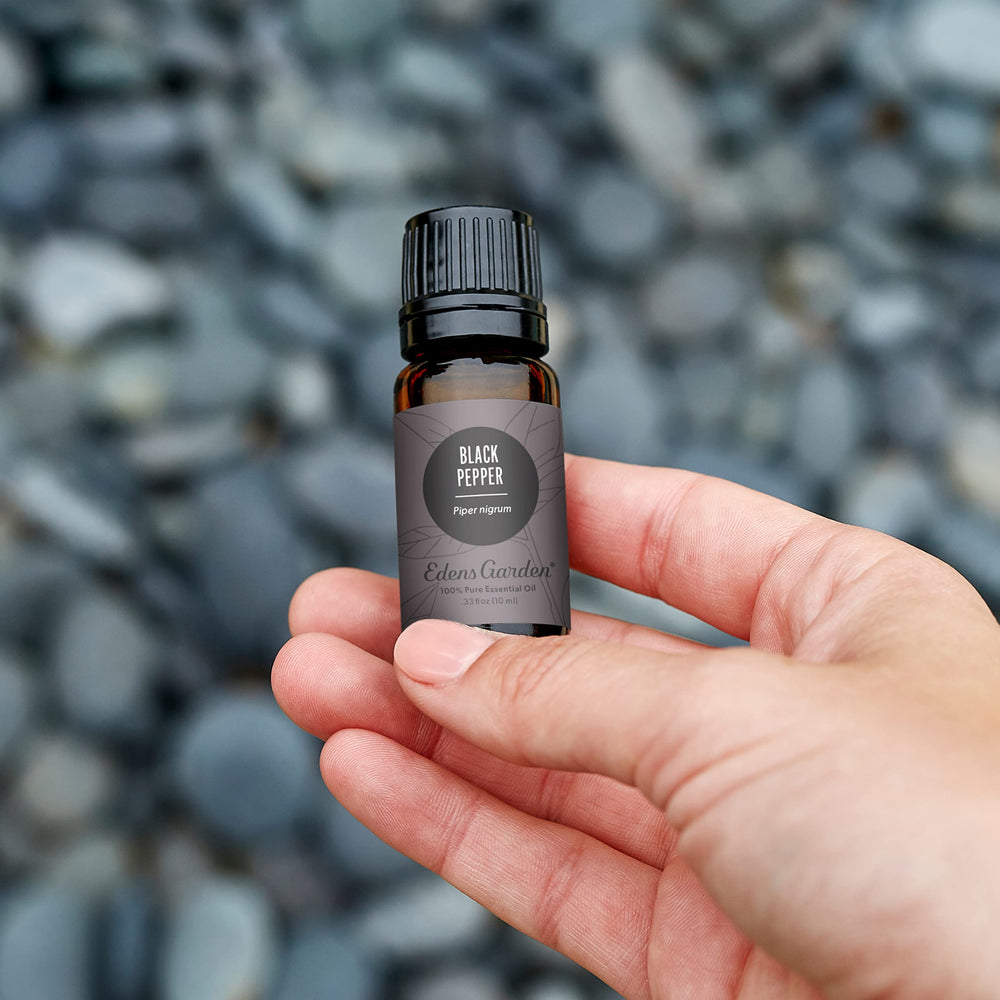 Close-up of premium Black Pepper essential oil bottle