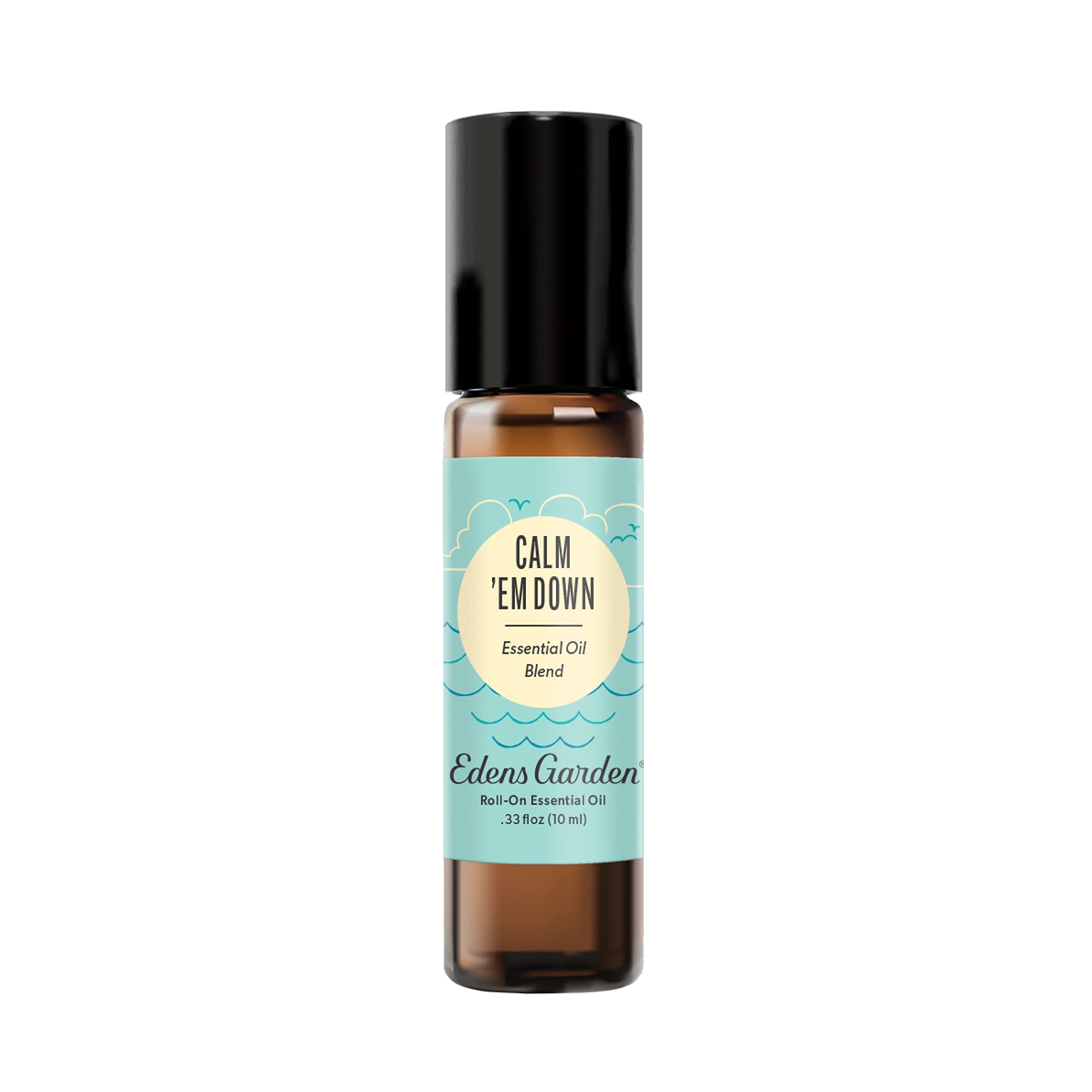 Edens Garden Calm 'Em Down essential oil roll-on bottle with label