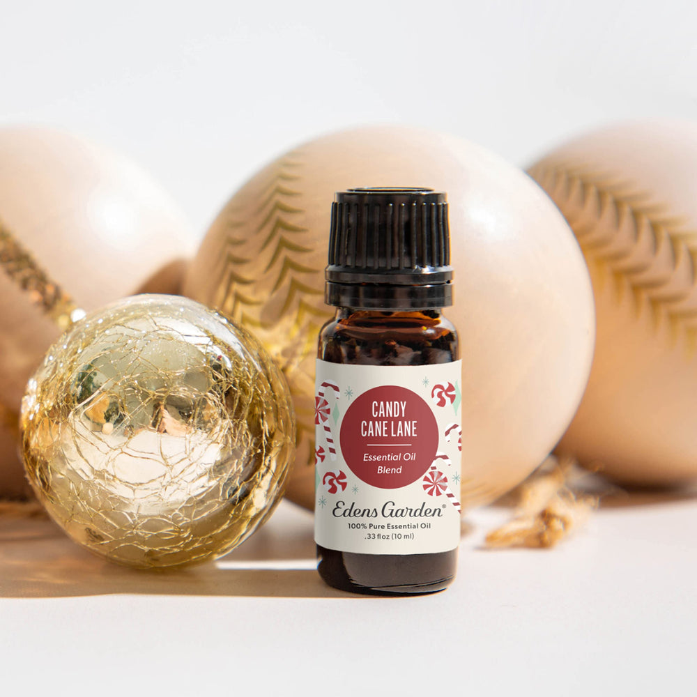 Close-up of Candy Cane Lane essential oil bottle label