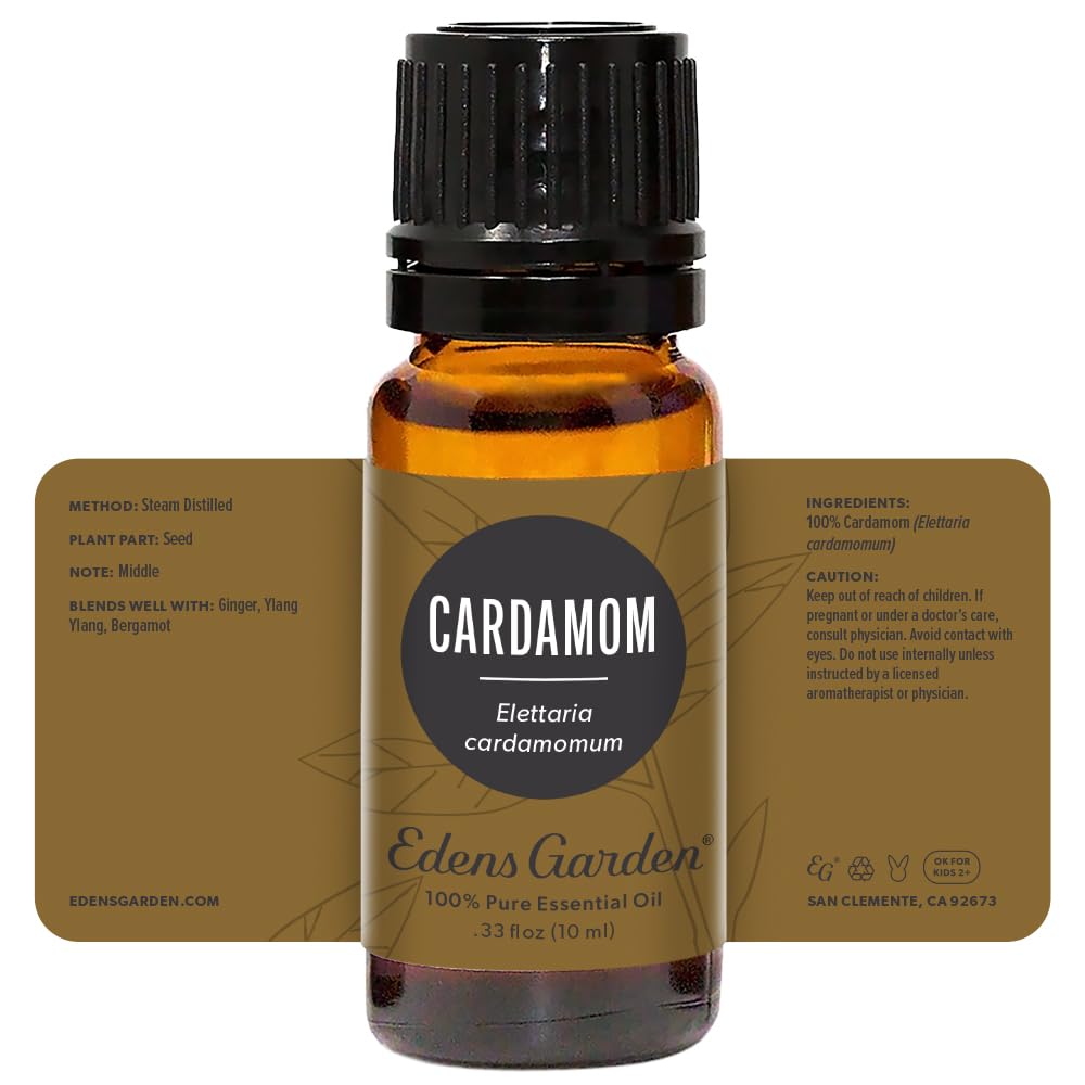 Edens Garden logo with Cardamom essential oil bottle