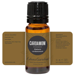 Edens Garden logo with Cardamom essential oil bottle