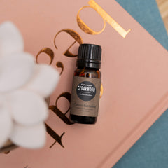 Close-up of Cedarwood Himalayan essential oil bottle