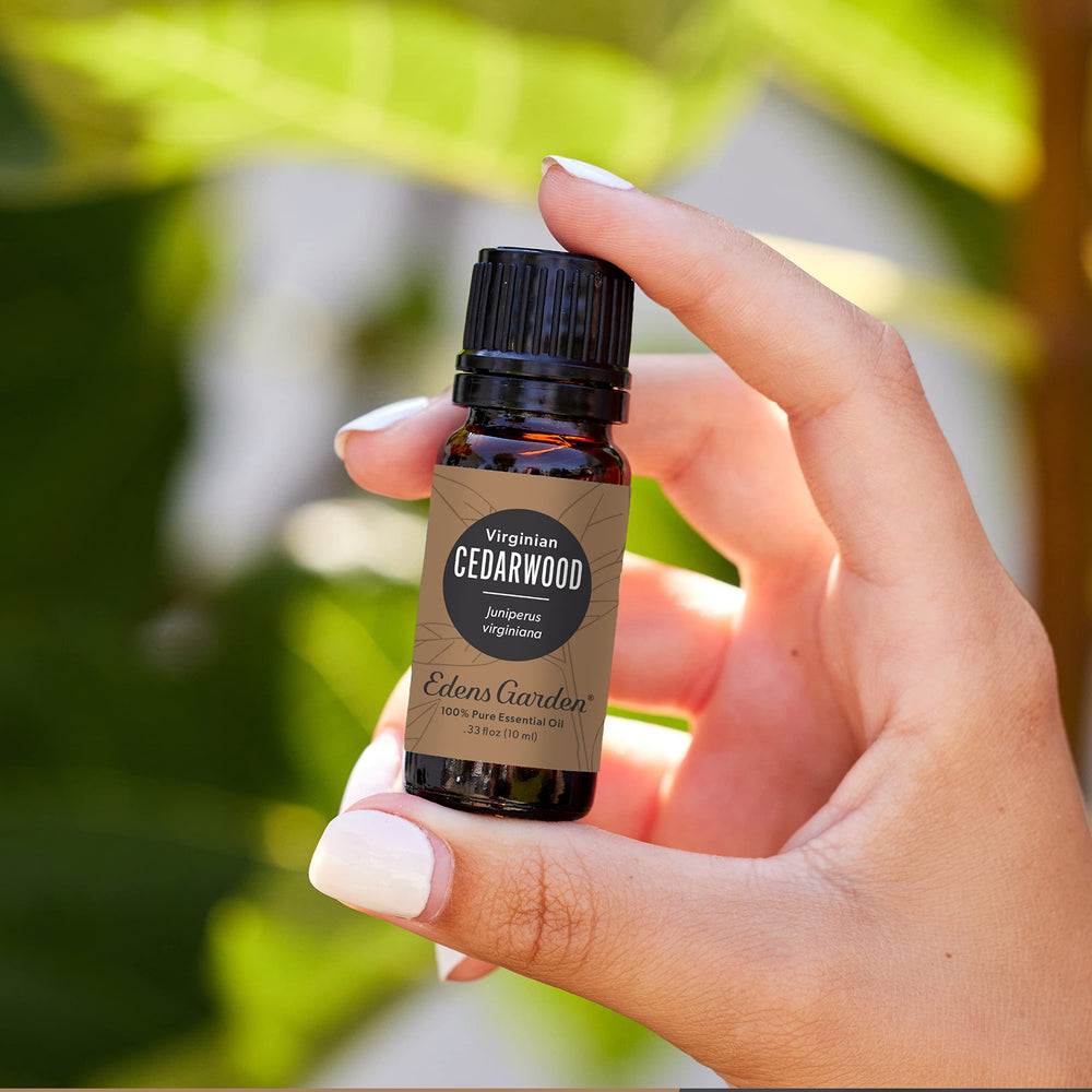 Close-up of Cedarwood Virginian Essential Oil bottle label