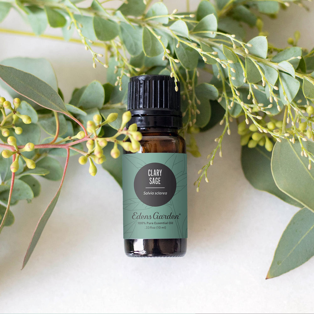 Amber glass bottle of Clary Sage essential oil close-up