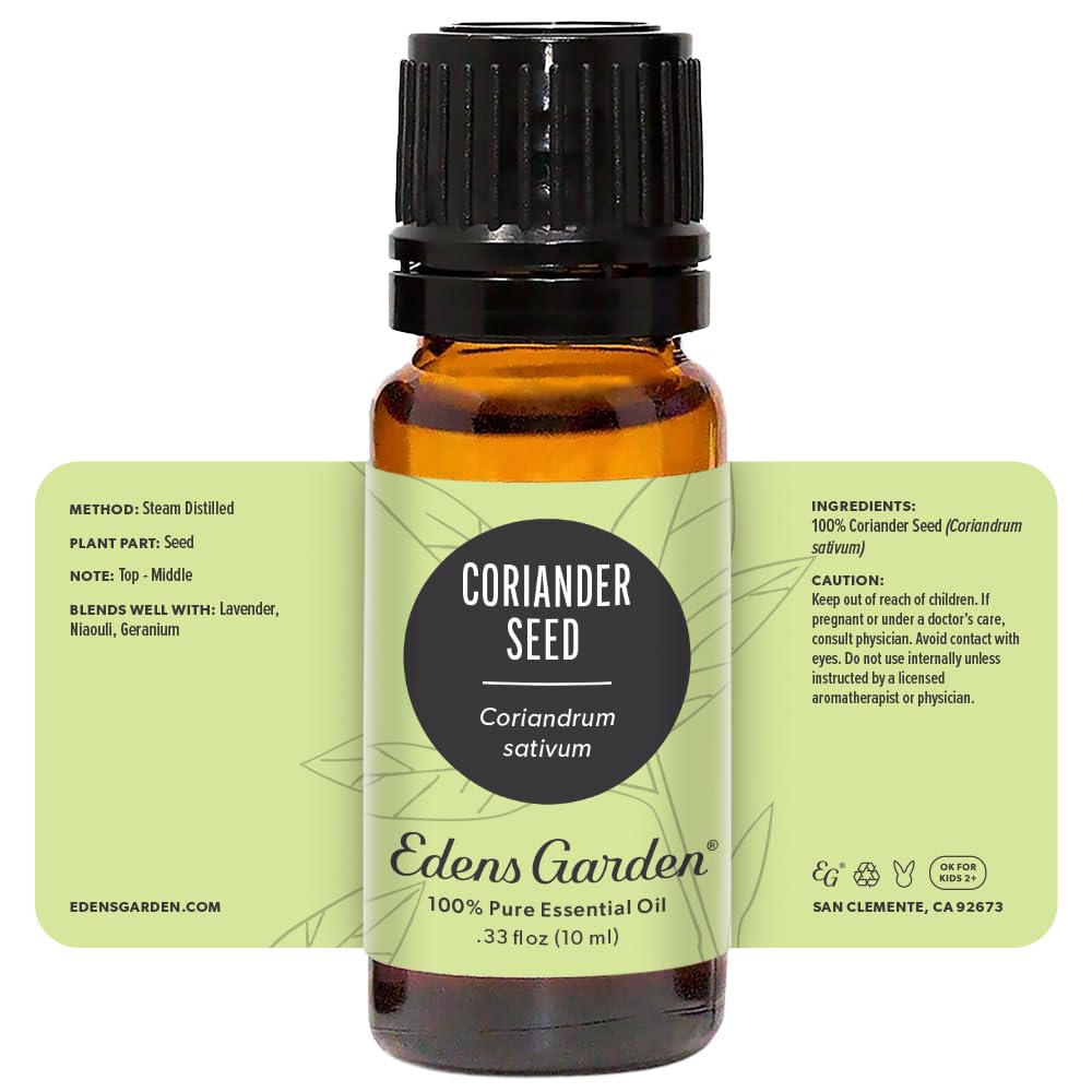 Close-up of the product label on coriander seed essential oil bottle
