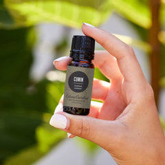 Cumin essential oil label close-up