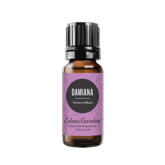 Bottle of Edens Garden Damiana essential oil in a 10 ml amber bottle.