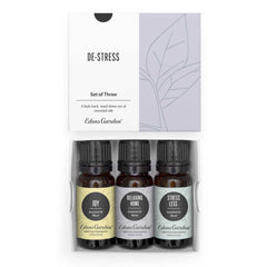 Three 10 ml essential oil blends Joy, Relaxing Home, Stress Less in dark glass bottles